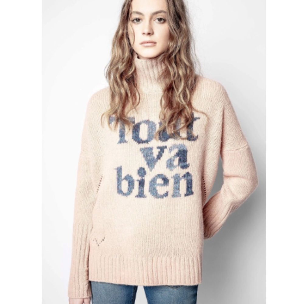 NEW Zadig & Voltaire Women's Pink Alma Tout Va Bien Long Sleeve Sweater Size XS